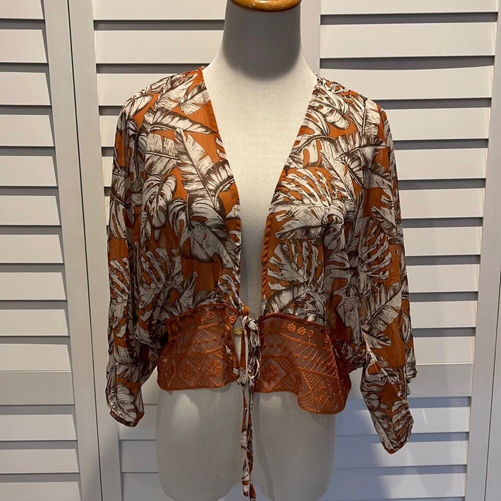 Timing Cardigan with Lace Bottom in a Tropical Palm Print.